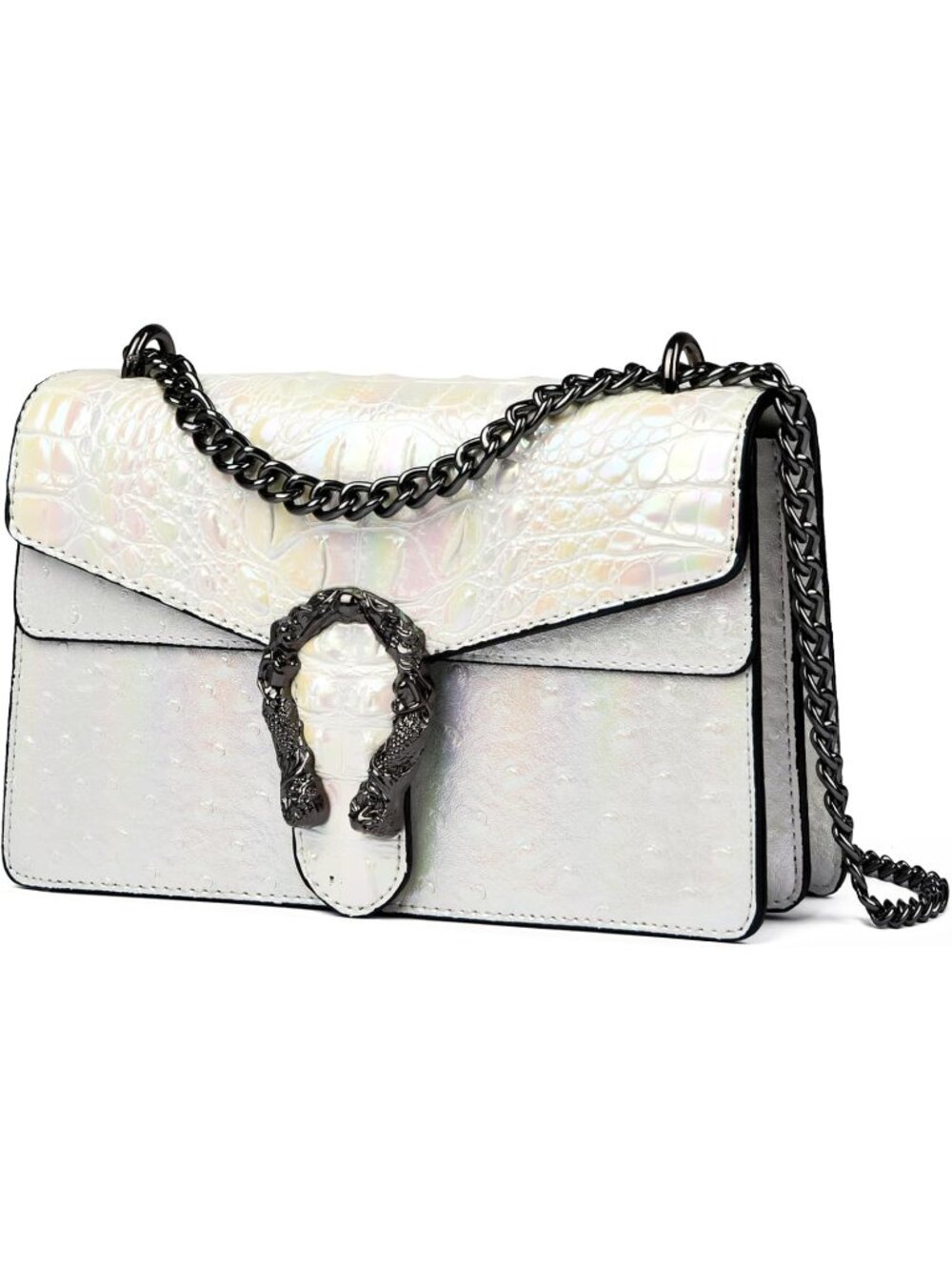 Women's White Crossbody Rectangular Clutch Leather Chain Evening Shoulder Purse